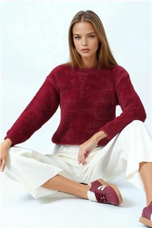 Kadın Bordo Bisiklet Yaka Püsküllü Triko Kazak VS01073