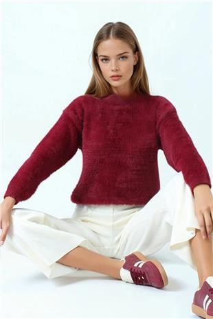 Kadın Bordo Bisiklet Yaka Püsküllü Triko Kazak VS01073