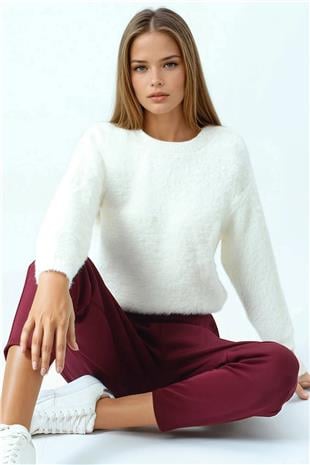 Kadın Ekru Bisiklet Yaka Püsküllü Triko Kazak VS01073