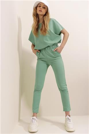 Kadın Çağla Yeşili Bisiklet Yaka Rahat Kalıp Eşofman Takımı ALC-X5885