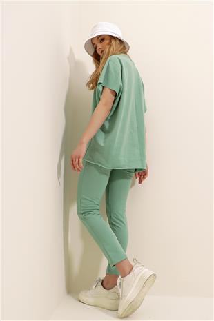 Kadın Çağla Yeşili Bisiklet Yaka Rahat Kalıp Eşofman Takımı ALC-X5885