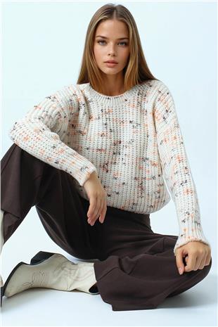 Kadın Krem Bisiklet Yaka Renkli Nokta Desenli Triko Kazak VS01040