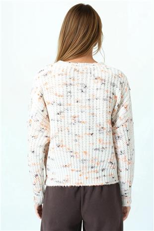 Kadın Krem Bisiklet Yaka Renkli Nokta Desenli Triko Kazak VS01040