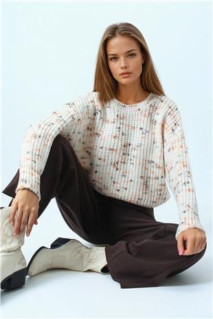 Kadın Krem Bisiklet Yaka Renkli Nokta Desenli Triko Kazak VS01040