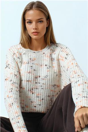 Kadın Krem Bisiklet Yaka Renkli Nokta Desenli Triko Kazak VS01040