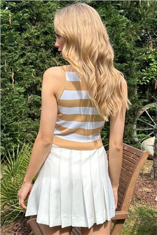 Kadın Camel-Beyaz Bisiklet Yaka Sıfır Kol Çizgili Triko Bluz ALC-X11728