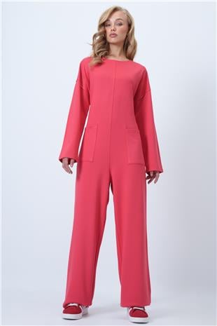 Kadın Mercan Bisiklet Yaka Sırtı Fermuarlı Rahat Kesim Tulum ALC-X14554