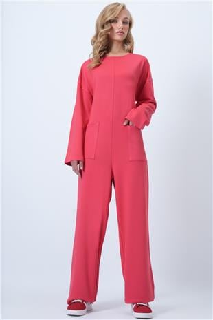 Kadın Mercan Bisiklet Yaka Sırtı Fermuarlı Rahat Kesim Tulum ALC-X14554