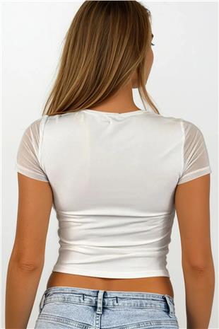 Kadın Beyaz Bisiklet Yaka Tül Detaylı Crop Bluz VS00690