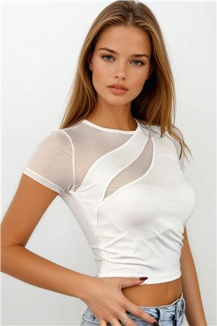 Kadın Beyaz Bisiklet Yaka Tül Detaylı Crop Bluz VS00690