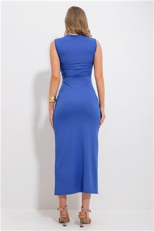 Kadın Saks Bisiklet Yaka Tül Detaylı Önü Yırtmaçlı Midi Boy Likralı Dalgıç Elbise ALC-X11804