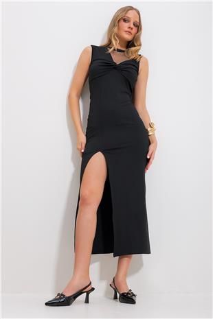 Kadın Siyah Bisiklet Yaka Tül Detaylı Önü Yırtmaçlı Midi Boy Likralı Dalgıç Elbise ALC-X11804