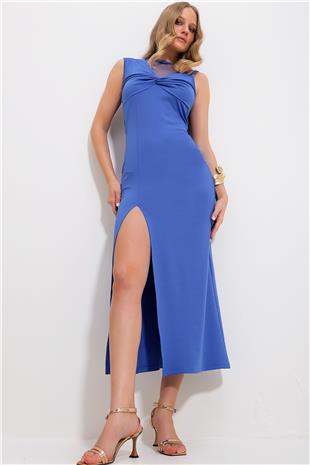 Kadın Saks Bisiklet Yaka Tül Detaylı Önü Yırtmaçlı Midi Boy Likralı Dalgıç Elbise ALC-X11804