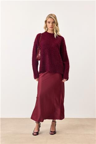 Kadın Bordo Bisiklet Yaka Uzun Kollu Tüylü Triko Kazak VS00904