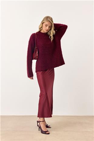 Kadın Bordo Bisiklet Yaka Uzun Kollu Tüylü Triko Kazak VS00904