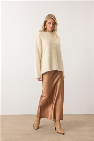 Kadın Krem Bisiklet Yaka Uzun Kollu Tüylü Triko Kazak VS00904