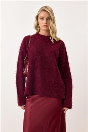 Kadın Bordo Bisiklet Yaka Uzun Kollu Tüylü Triko Kazak VS00904