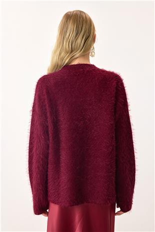 Kadın Bordo Bisiklet Yaka Uzun Kollu Tüylü Triko Kazak VS00904