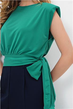 Kadın Yeşil Bisiklet Yaka Vatkalı Beli Bağlama Detaylı Sandy Bluz ALC-X13493