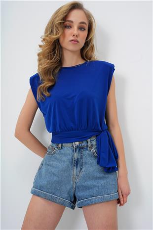 Kadın Saks Bisiklet Yaka Vatkalı Beli Bağlama Detaylı Sandy Bluz ALC-X13493