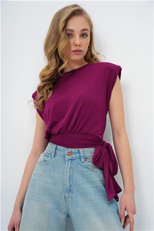 Kadın Mürdüm Bisiklet Yaka Vatkalı Beli Bağlama Detaylı Sandy Bluz ALC-X13493
