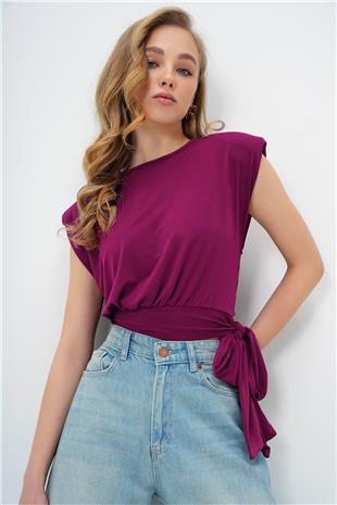 Kadın Mürdüm Bisiklet Yaka Vatkalı Beli Bağlama Detaylı Sandy Bluz ALC-X13493