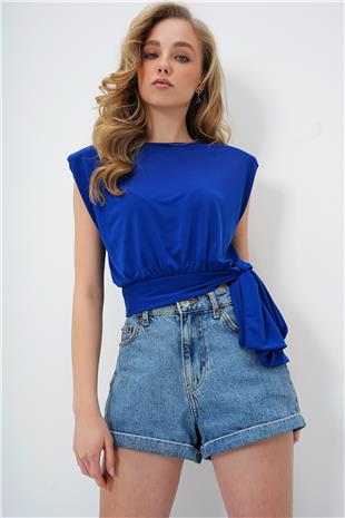 Kadın Saks Bisiklet Yaka Vatkalı Beli Bağlama Detaylı Sandy Bluz ALC-X13493