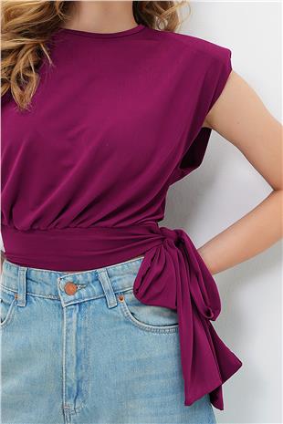 Kadın Mürdüm Bisiklet Yaka Vatkalı Beli Bağlama Detaylı Sandy Bluz ALC-X13493