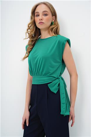 Kadın Yeşil Bisiklet Yaka Vatkalı Beli Bağlama Detaylı Sandy Bluz ALC-X13493