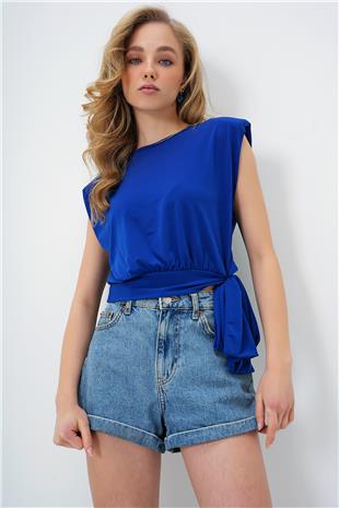 Kadın Saks Bisiklet Yaka Vatkalı Beli Bağlama Detaylı Sandy Bluz ALC-X13493