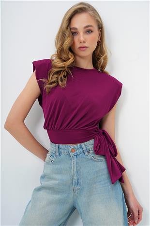 Kadın Mürdüm Bisiklet Yaka Vatkalı Beli Bağlama Detaylı Sandy Bluz ALC-X13493