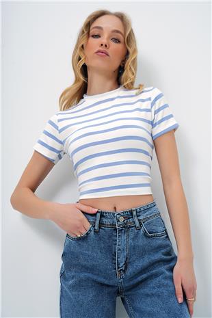 Kadın Mavi Bisiklet Yaka Yarım Kol Çizgili Crop Bluz ALC-X13348
