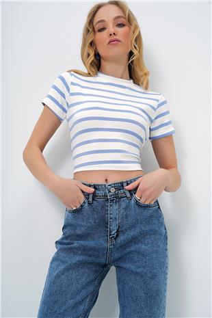 Kadın Mavi Bisiklet Yaka Yarım Kol Çizgili Crop Bluz ALC-X13348