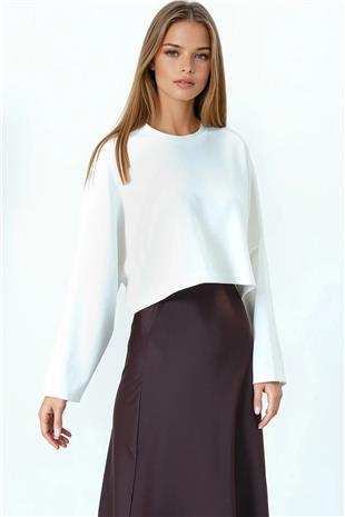 Kadın Ekru Bisiklet Yaka Yarım Kol Crop Basic Bluz VS01035