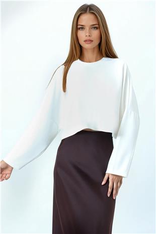 Kadın Ekru Bisiklet Yaka Yarım Kol Crop Basic Bluz VS01035