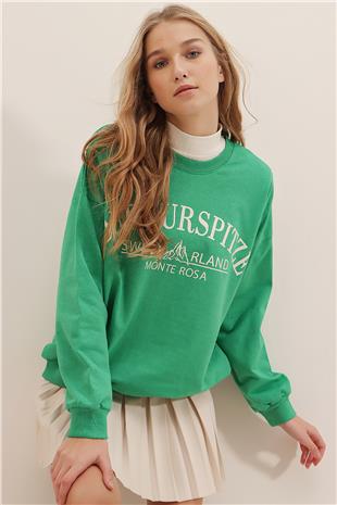 Bisiklet Yaka Yazı Baskılı Oversize Sweatshirt - Yeşil
