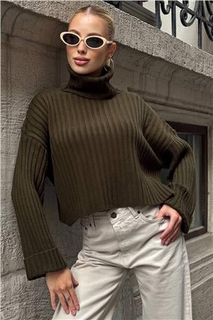 Kadın Haki Boğazlı Fitilli Crop Triko Kazak VS01392