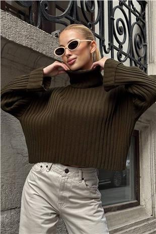 Kadın Haki Boğazlı Fitilli Crop Triko Kazak VS01392