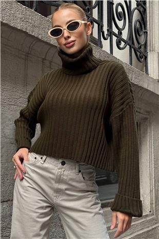 Kadın Haki Boğazlı Fitilli Crop Triko Kazak VS01392