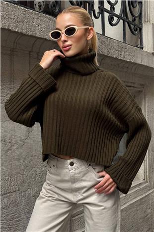 Kadın Haki Boğazlı Fitilli Crop Triko Kazak VS01392