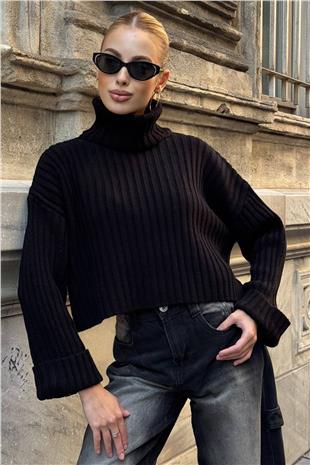 Kadın Siyah Boğazlı Fitilli Crop Triko Kazak VS01392