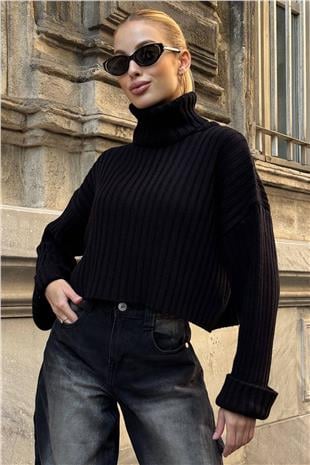Kadın Siyah Boğazlı Fitilli Crop Triko Kazak VS01392