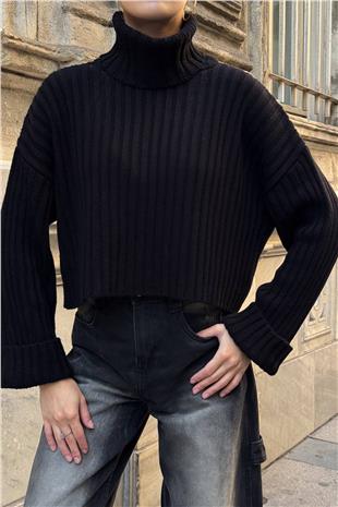 Kadın Siyah Boğazlı Fitilli Crop Triko Kazak VS01392