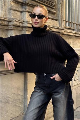 Kadın Siyah Boğazlı Fitilli Crop Triko Kazak VS01392