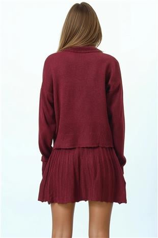 Kadın Bordo Boğazlı Kazak Ve Beli Lastikli Pileli Mini Etek Triko Takım VS01034