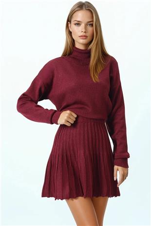 Kadın Bordo Boğazlı Kazak Ve Beli Lastikli Pileli Mini Etek Triko Takım VS01034