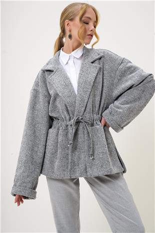 Kadın Gri-Kırçıllı Ceket Yaka Beli Büzgülü Bağlamalı Astarsız Kaşe Kaban ALC-X13241