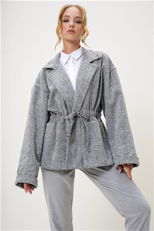 Kadın Gri-Kırçıllı Ceket Yaka Beli Büzgülü Bağlamalı Astarsız Kaşe Kaban ALC-X13241