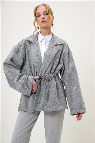 Kadın Gri-Kırçıllı Ceket Yaka Beli Büzgülü Bağlamalı Astarsız Kaşe Kaban ALC-X13241