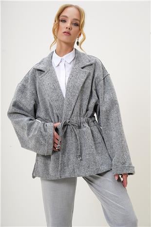 Kadın Gri-Kırçıllı Ceket Yaka Beli Büzgülü Bağlamalı Astarsız Kaşe Kaban ALC-X13241